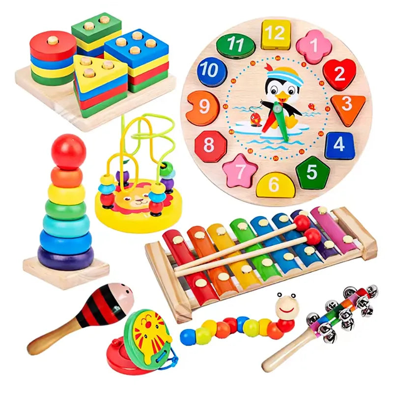 Brinquedo Montessori 9 em 1 de Madeira – Instrumentos Educativos Sensorial para Bebês