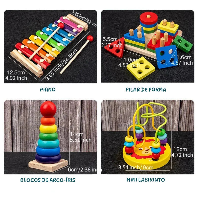 Brinquedo Montessori 9 em 1 de Madeira – Instrumentos Educativos Sensorial para Bebês