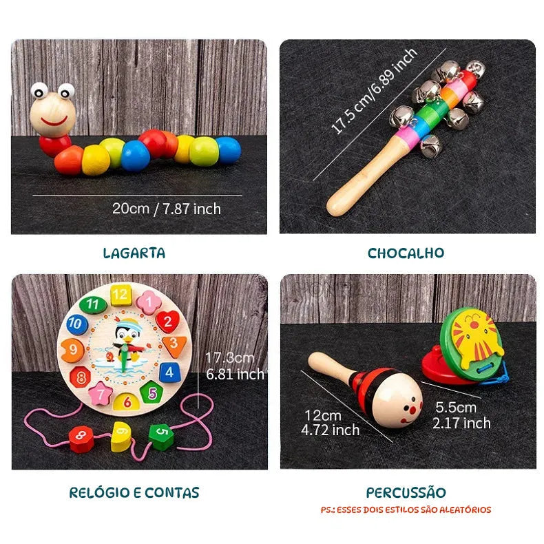 Brinquedo Montessori 9 em 1 de Madeira – Instrumentos Educativos Sensorial para Bebês