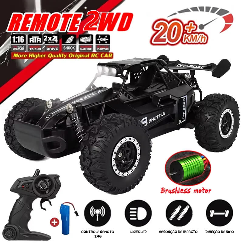 Carro RC Off-Road 2WD com Luz LED 1:16 – Alta Velocidade para Drift e Aventura