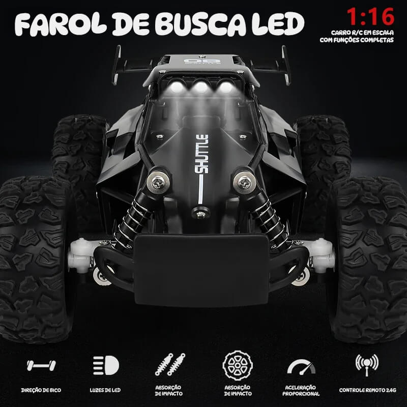 Carro RC Off-Road 2WD com Luz LED 1:16 – Alta Velocidade para Drift e Aventura