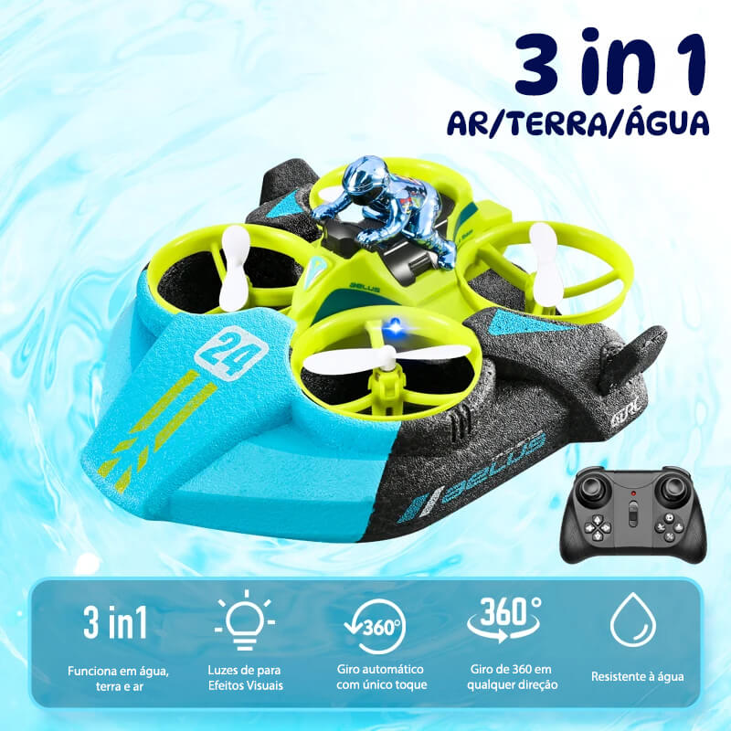 Mini Drone 3 em 1 V24 RC Impermeável – Terra, Água e Ar